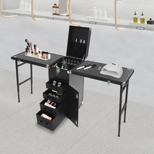 Dual Artist Portable Makeup Train Case, Portable Nail Table Desk with 4 Wheels, Rectangular Makeup Station Box for Professional Make-Up Artists, Hair Stylists