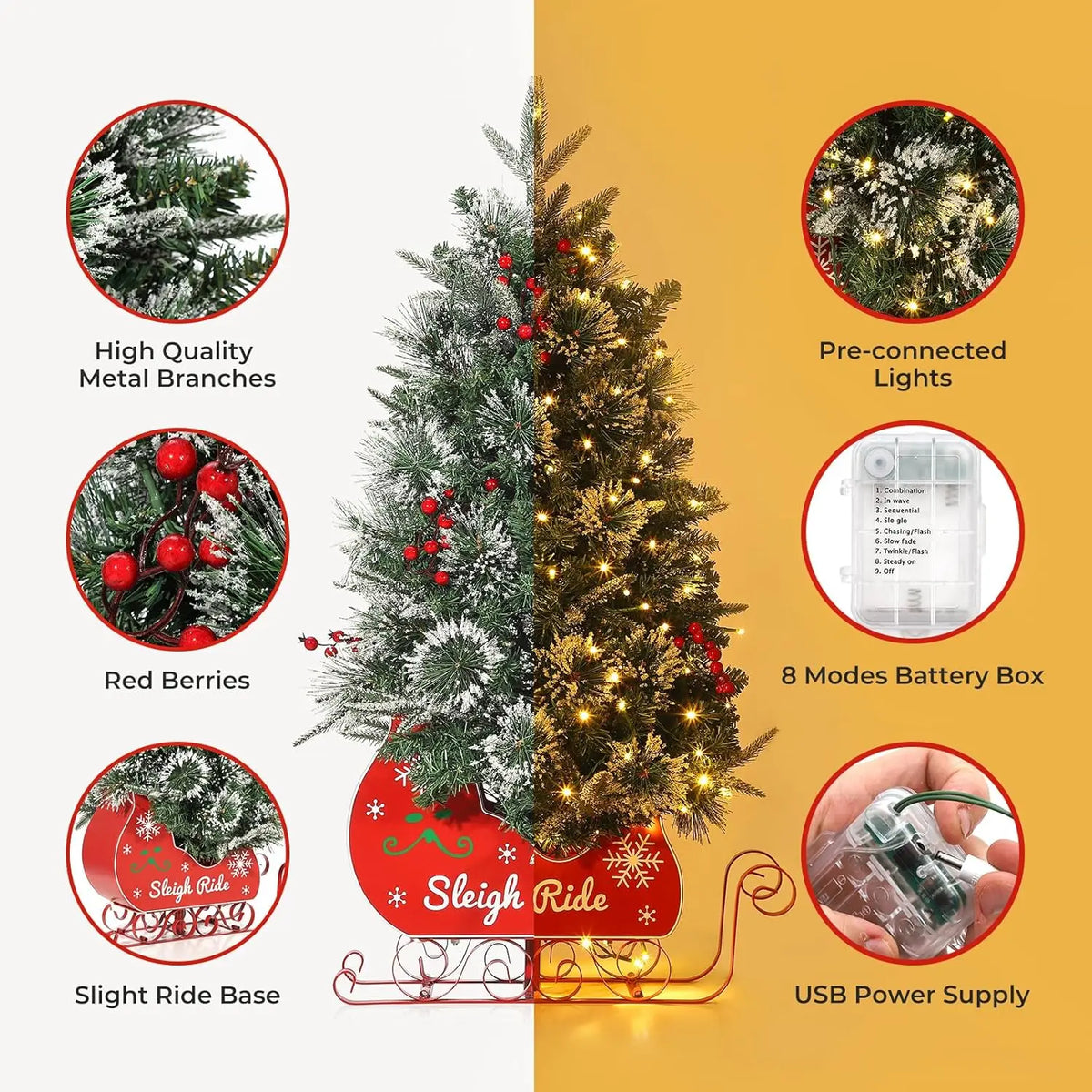 HiMISS Artificial Christmas Tree With 78 Lights And Sleigh Base