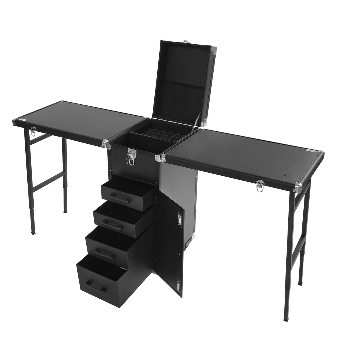 Dual Artist Portable Makeup Train Case, Portable Nail Table Desk with 4 Wheels, Rectangular Makeup Station Box for Professional Make-Up Artists, Hair Stylists