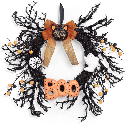 18 Inch Halloween Wreath with Black Cat & Boo Sign, White Pumpkin Ghost Wreath for Front Door, Indoor Outdoor Porch Window Decor, Spooky Holiday Home Hanging Ornament